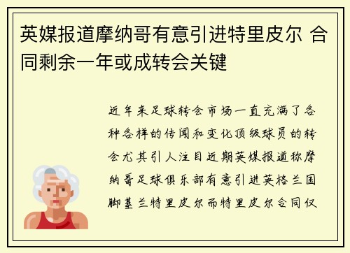 英媒报道摩纳哥有意引进特里皮尔 合同剩余一年或成转会关键