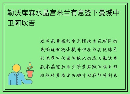 勒沃库森水晶宫米兰有意签下曼城中卫阿坎吉